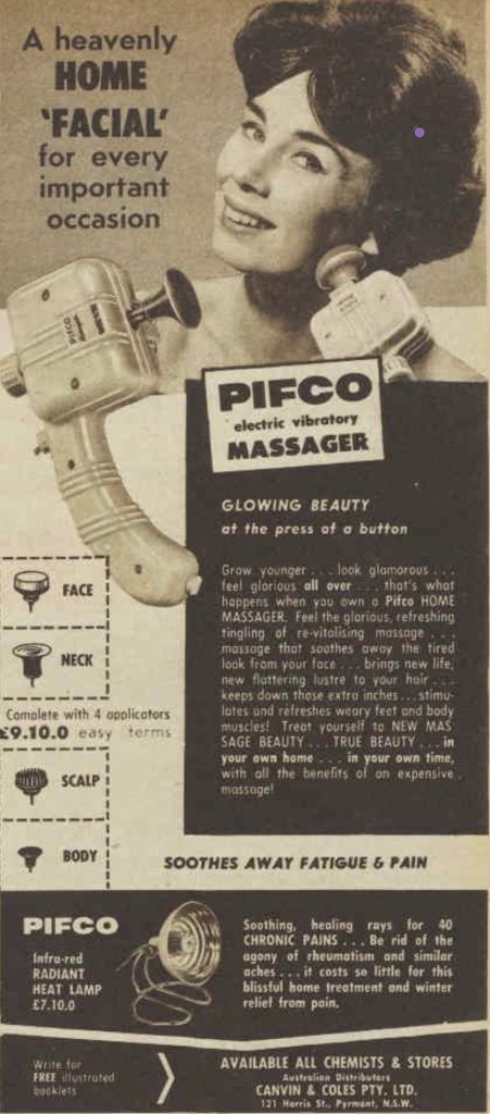 Vintage 1960 advertisement for the PIFCO Electric Vibratory Massager, promoting home facial and body massage benefits.